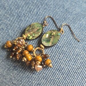 Green Abalone Drop Earrings with Brown Bead Tassels